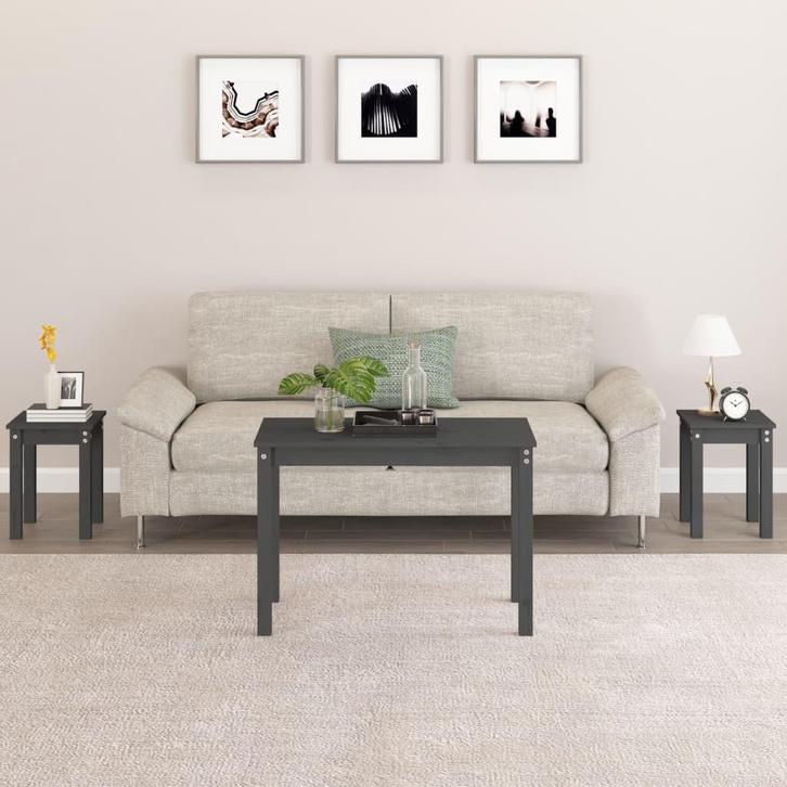 vidaXL Tafeltjesset 3 st massief grenenhout grijs, Huis en Inrichting, Tafels | Bijzettafels, Nieuw, Verzenden