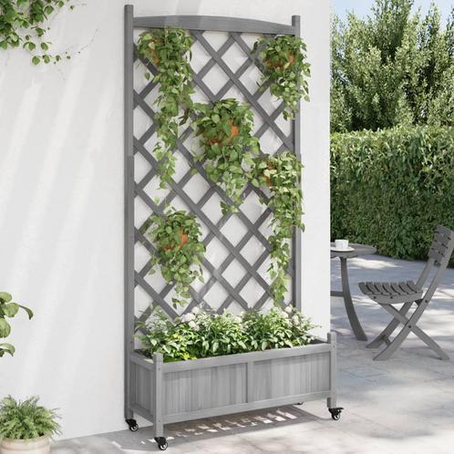 vidaXL Plantenbak met latwerk en wielen massief vurenhout, Tuin en Terras, Bloembakken en Plantenbakken, Nieuw, Hout, Verzenden