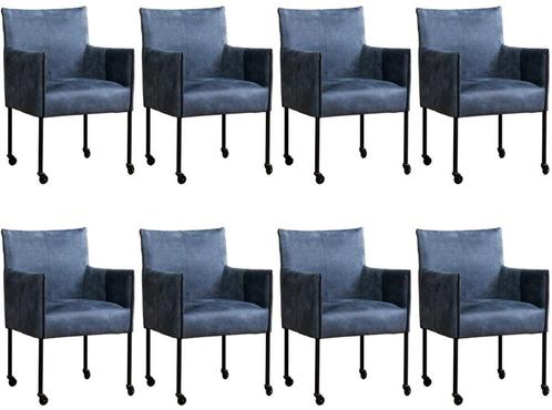 Set van 8 Blauwe leren moderne kuipstoel - poot rond zwart m, Huis en Inrichting, Stoelen, Vijf, Zes of meer stoelen, Overige kleuren