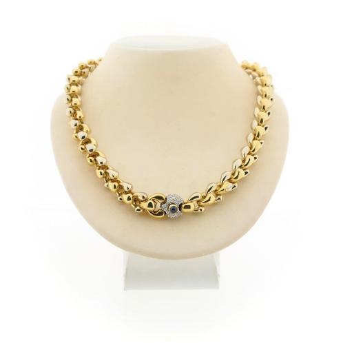 18 Krt. Bicolor gouden ketting met saffier en diamant 0,9..., Sieraden, Tassen en Uiterlijk, Kettingen, Overige kleuren, Gebruikt