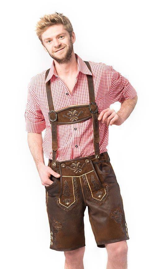 Lederhose Leer Kort Donkerbruin Gestikt en Bretels, Kinderen en Baby's, Carnavalskleding en Verkleedspullen, Nieuw, Verzenden