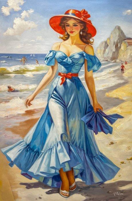Vladimir Petrov (1945) - Élégante au Bord de Mer - French, Antiek en Kunst, Kunst | Schilderijen | Klassiek