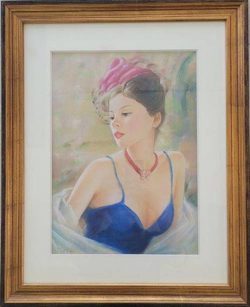 Vladimir Petrov (1945) - Élégante en Bleu - Style Paris, Antiek en Kunst, Kunst | Schilderijen | Klassiek