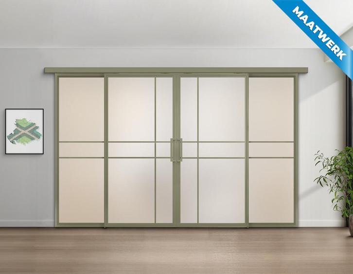 Dubbele stalen Schuifdeuren met koofsysteem en glaspanelen 6, Doe-het-zelf en Verbouw, Kozijnen en Schuifpuien, Nieuw, Inclusief glas