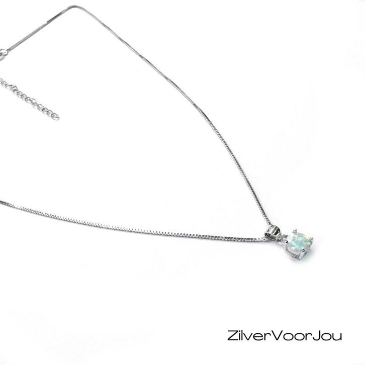 925 Zilveren ronde opaal ketting rhodium, Sieraden, Tassen en Uiterlijk, Kettingen, Nieuw, Verzenden