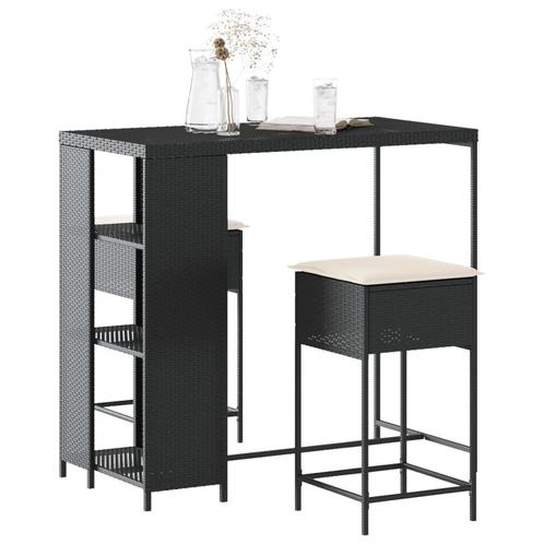vidaXL 3-delige Tuinbarset met kussens poly rattan zwart, Tuin en Terras, Tuinsets en Loungesets, Nieuw, 2 zitplaatsen, Rotan