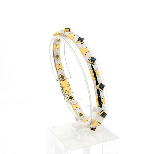 18 Krt. Bicolor gouden fantasie armband met saffier | 20 cm, Sieraden, Tassen en Uiterlijk, Armbanden, Overige kleuren, Gebruikt