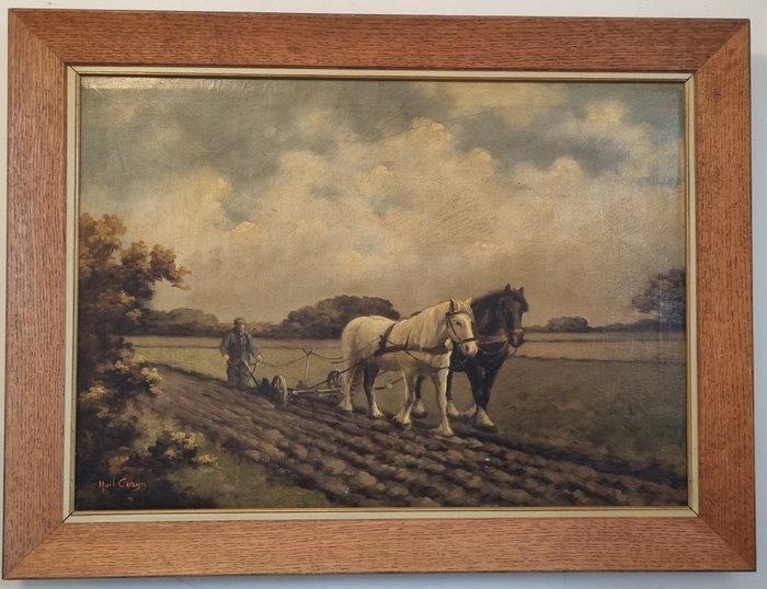 Huib Cozijn (1942-2020) - Boer met twee trekpaarden, Antiek en Kunst, Kunst | Schilderijen | Klassiek