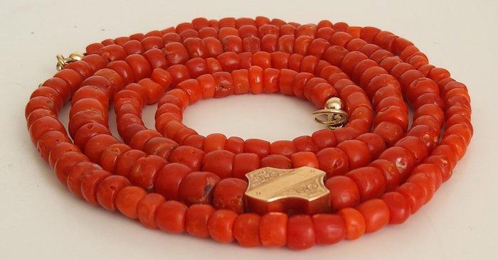Ketting - 14 karaat Geel goud - Lange ketting bloedkoraal, Sieraden, Tassen en Uiterlijk, Antieke sieraden