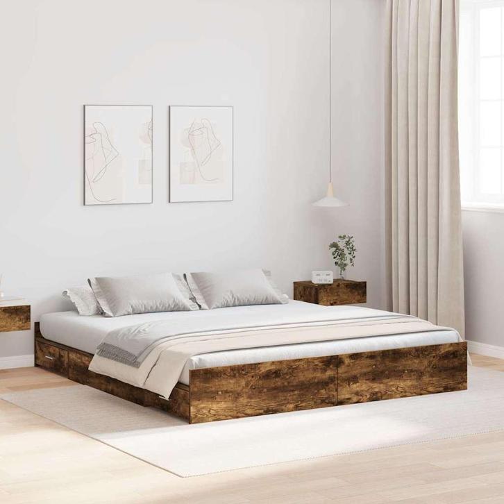 vidaXL Opbergbedframe met lade Gerookt eiken 200 x 200 cm, Huis en Inrichting, Slaapkamer | Bedden, Bruin, Nieuw, Hout, Verzenden