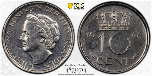 Koningin Wilhelmina 10 cent 1948 Proof PR65 L.S. Beuth Coll., Postzegels en Munten, Munten | Nederland, Losse munt, 10 cent, Koningin Wilhelmina