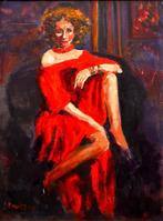 Anke Brokstra (1940-2021) - Zittende vrouw in rode jurk, Antiek en Kunst, Kunst | Schilderijen | Klassiek