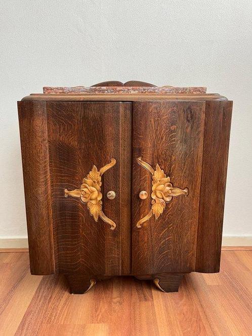 Nachtkastje - Hout, Marmer, Messing - Uitgesneden Ingelegd, Antiek en Kunst, Kunst | Designobjecten
