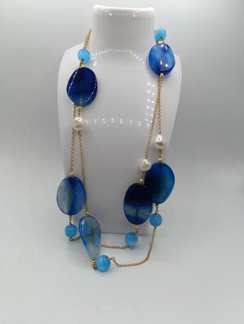 Onyx - Zilver, Agata mos en natuurlijke parels - Ketting met, Verzamelen, Mineralen en Fossielen