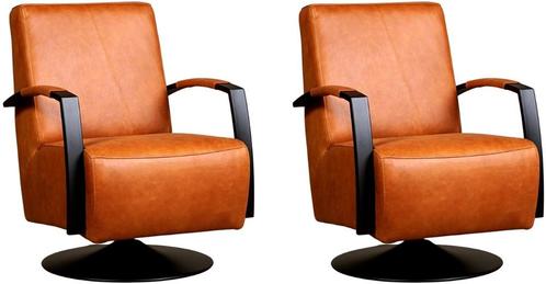 Cognac leren industriële draaifauteuils - staal zwart frame, Huis en Inrichting, Fauteuils, 50 tot 75 cm, 75 tot 100 cm, Nieuw