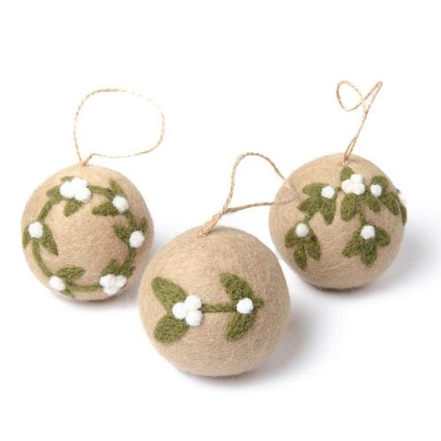 Kerstballen Vilt - Mistletoe Large - 8cm - Set 3 Stuks - Bei, Diversen, Kerst, Nieuw, Ophalen of Verzenden