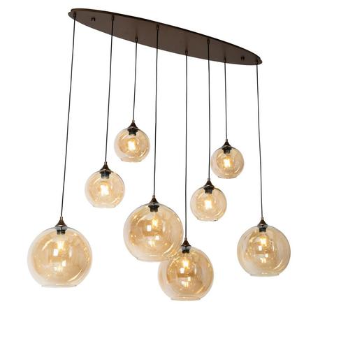 Art Deco hanglamp donkerbrons met amber glas ovaal 8-lichts, Huis en Inrichting, Lampen | Hanglampen, Nieuw, Glas, 75 cm of meer