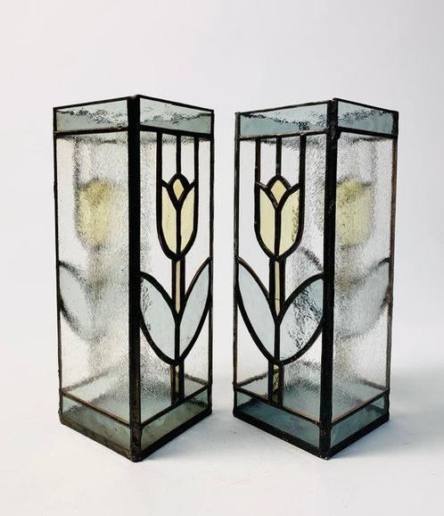 Glas-in-loodraam (2) - 1940-1950 - Dubbele Tulpenvaas, Antiek en Kunst, Curiosa en Brocante