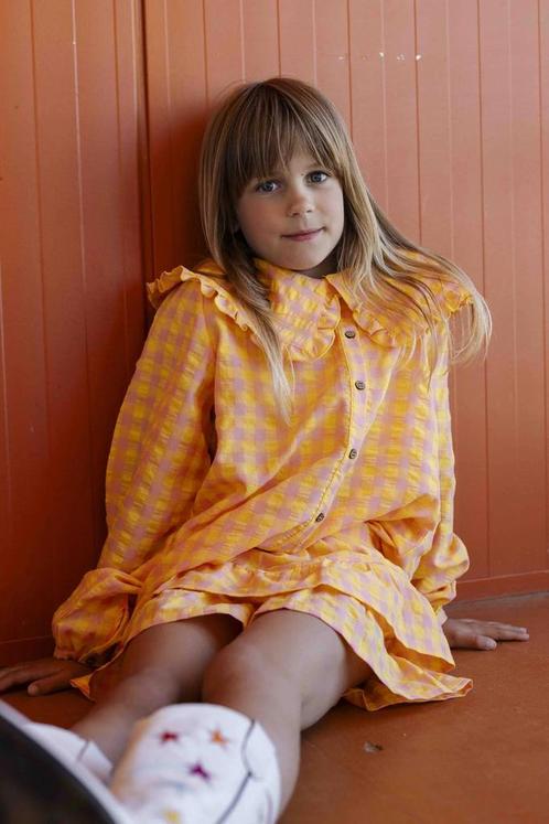 Blouse met Ruffles – Yellow Coral Check  Luxe Seersucker, Kinderen en Baby's, Kinderkleding | Maat 122, Meisje, Nieuw, Trui of Vest