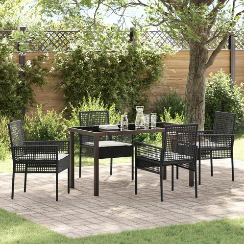 vidaXL 5-delige tuinset met kussens in zwart poly rattan, Tuin en Terras, Tuinsets en Loungesets, Tuinset, Nieuw, Rotan, Verzenden