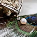 Witgouden collier met parel en diamant | 0,05 ct., Gebruikt, Overige kleuren, Ophalen of Verzenden, Met edelsteen