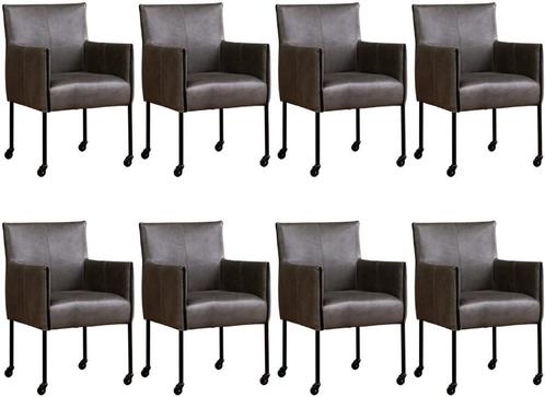 Set van 8 Donkergrijze leren moderne kuipstoel - poot rond z, Huis en Inrichting, Stoelen, Vijf, Zes of meer stoelen, Overige kleuren