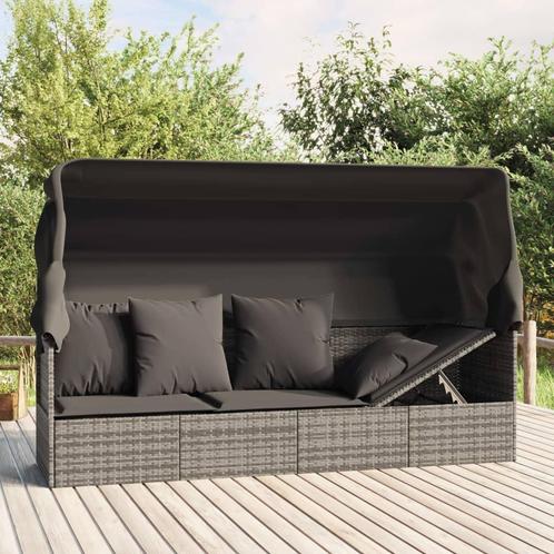 vidaXL Loungebed met luifel en kussens poly rattan grijs, Tuin en Terras, Ligbedden, Nieuw, Verzenden