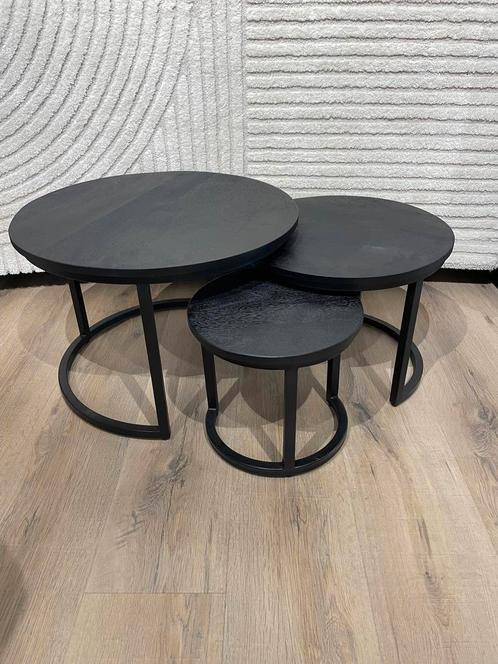 Ronde salontafelset - Zwart mangohout (verzending mogelijk!), Huis en Inrichting, Tafels | Salontafels, 50 tot 100 cm, Rond, Nieuw