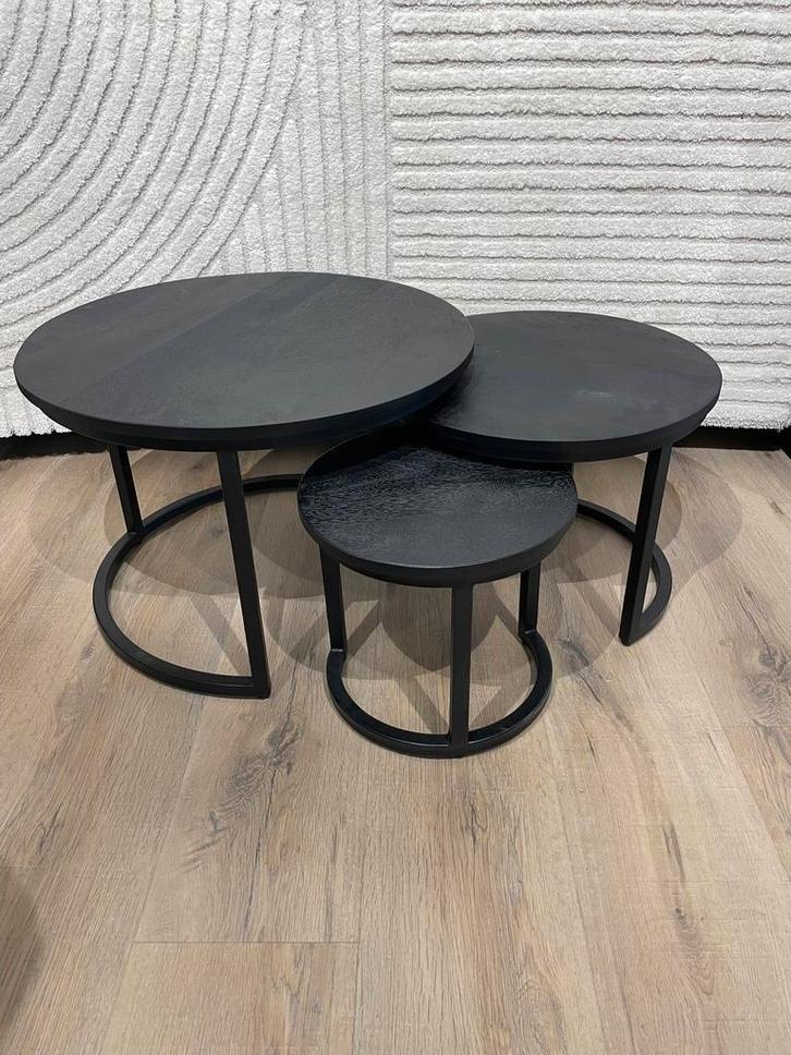 Ronde salontafelset - Zwart mangohout (verzending mogelijk!), Huis en Inrichting, Tafels | Salontafels, 50 tot 100 cm, Rond, Nieuw