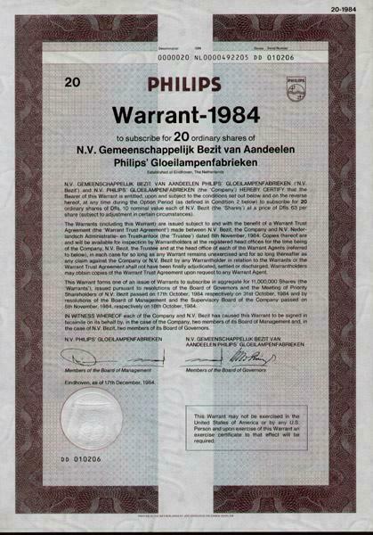 Philips warrant voor 20 aandelen, 1984, Postzegels en Munten, Aandelen en Waardepapieren, Overige typen, 1970 tot heden, Ophalen of Verzenden