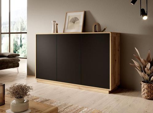 Meubella | Dressoir eiken mat zwart 160x40x75, Huis en Inrichting, Kasten | Dressoirs, 25 tot 50 cm, Nieuw, 150 tot 200 cm, Verzenden
