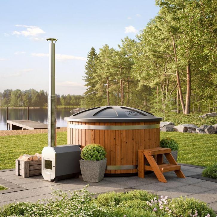 Premium Hot tub | kunststof kuip | 35kW houtkachel | Ø200cm, Tuin en Terras, Bubbelbaden en Hottubs, Nieuw, Trap, Vast, Ophalen of Verzenden