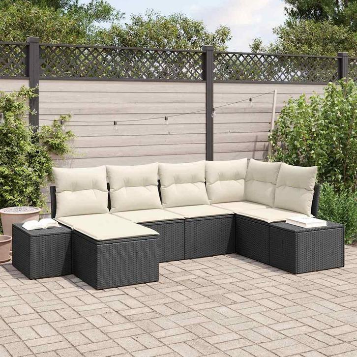 vidaXL Tuin Sofa Set met kussen 6 pcs Zwart en Crème poly, Tuin en Terras, Tuinsets en Loungesets, Nieuw, Rotan, Verzenden