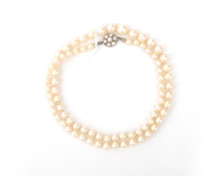 Cultivé parelcollier, 14 krt. witgouden sluiting met diamant, Sieraden, Tassen en Uiterlijk, Kettingen, Gebruikt