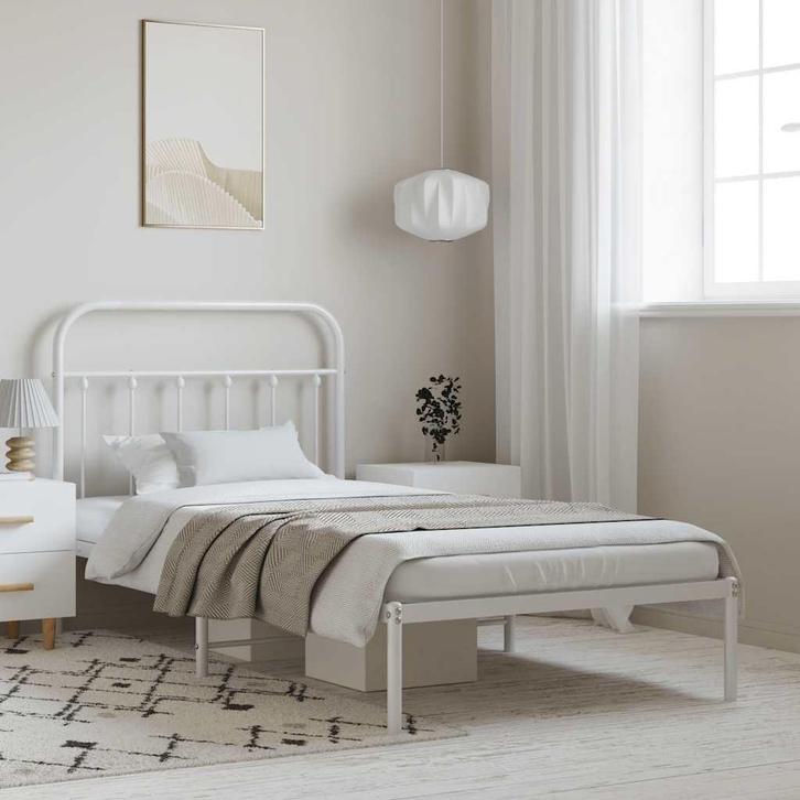 vidaXL Bedframe met hoofdbord metaal wit 100x190 cm, Huis en Inrichting, Slaapkamer | Bedden, 100 cm, 190 cm of minder, Wit, Eenpersoons