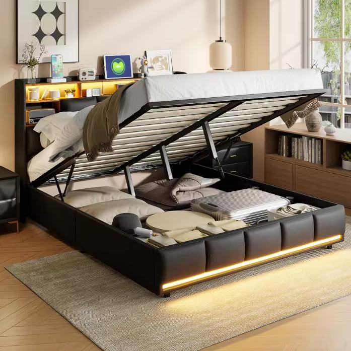 Gestoffeerd Boxspringbed met LED, USB Oplaadpoort en Lift, Huis en Inrichting, Slaapkamer | Bedden, Nieuw, Verzenden