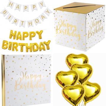 Verjaardag set Happy Birthday wit met goud XL deLuxe beschikbaar voor biedingen
