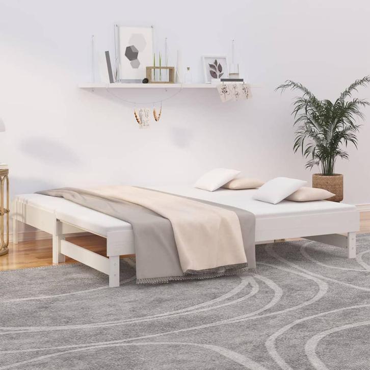 vidaXL Slaapbank uitschuifbaar massief grenenhout wit, Huis en Inrichting, Slaapkamer | Bedden, Wit, Nieuw, Hout, Tweepersoons