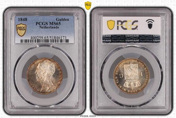 Koning Willem II 1 Gulden 1848 MS65 PCGS gecertificeerd, Postzegels en Munten, Munten | Nederland, Losse munt, 1 gulden, Koning Willem III