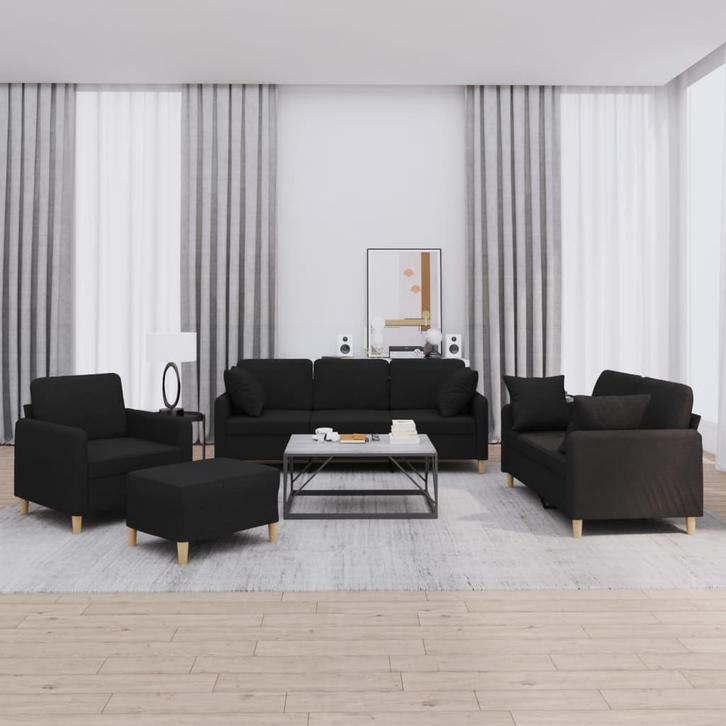 vidaXL 4-delige Loungeset met kussens stof zwart, Huis en Inrichting, Banken | Bankstellen, Nieuw, Stof, Vierpersoons of meer
