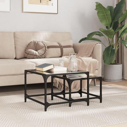 vidaXL 2-delige Tafeltjesset met zwart glazen blad staal, Huis en Inrichting, Tafels | Salontafels, Nieuw, Overige houtsoorten