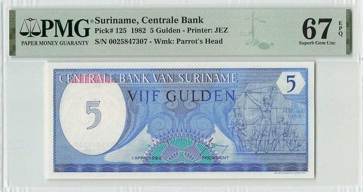 1982 Suriname P 125 5 Gulden Pmg 67 Epq, Postzegels en Munten, Bankbiljetten | Europa | Niet-Eurobiljetten, Verzenden