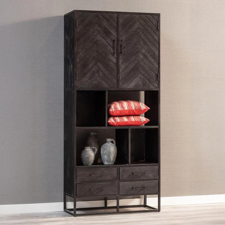 Vakkenkast Mangohout Kjeld 90 Zwart, Huis en Inrichting, Kasten | Boekenkasten, 25 tot 50 cm, Nieuw, Overige houtsoorten, 200 cm of meer