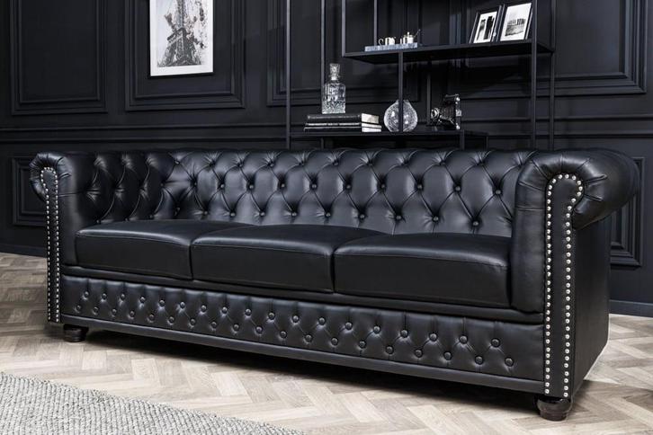 Chesterfield 3-zitsbank 205cm zwart kunstleer klinknagels, Huis en Inrichting, Banken | Bankstellen, Ophalen of Verzenden
