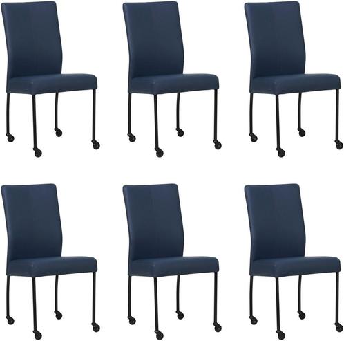 Set van 6 Blauwe leren moderne eetkamerstoelen - poot rond z, Huis en Inrichting, Stoelen, Vijf, Zes of meer stoelen, Overige kleuren