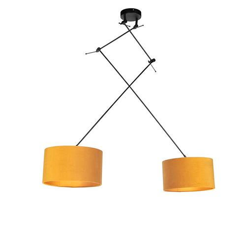 Hanglamp zwart met velours kappen oker met goud 35 cm -, Huis en Inrichting, Lampen | Hanglampen, Nieuw, Overige materialen, 75 cm of meer