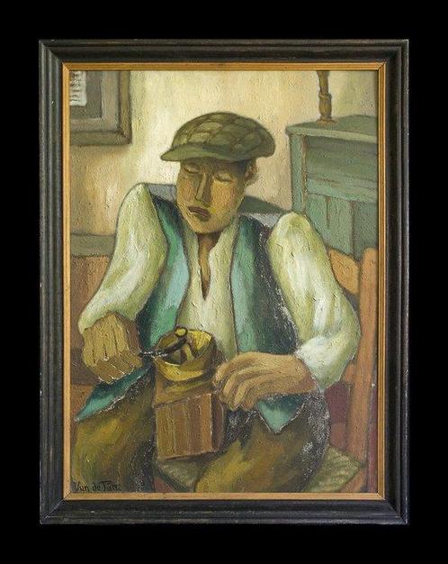 Adrien Van De Putte (1911-1994) - Lhomme au moulin à café, Antiek en Kunst, Kunst | Schilderijen | Klassiek