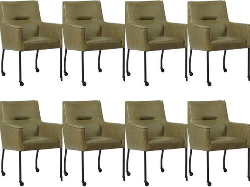 Set van 8 Olijfgroene leren moderne eetkamerstoelen - Vintag, Huis en Inrichting, Stoelen, Vijf, Zes of meer stoelen, Overige kleuren