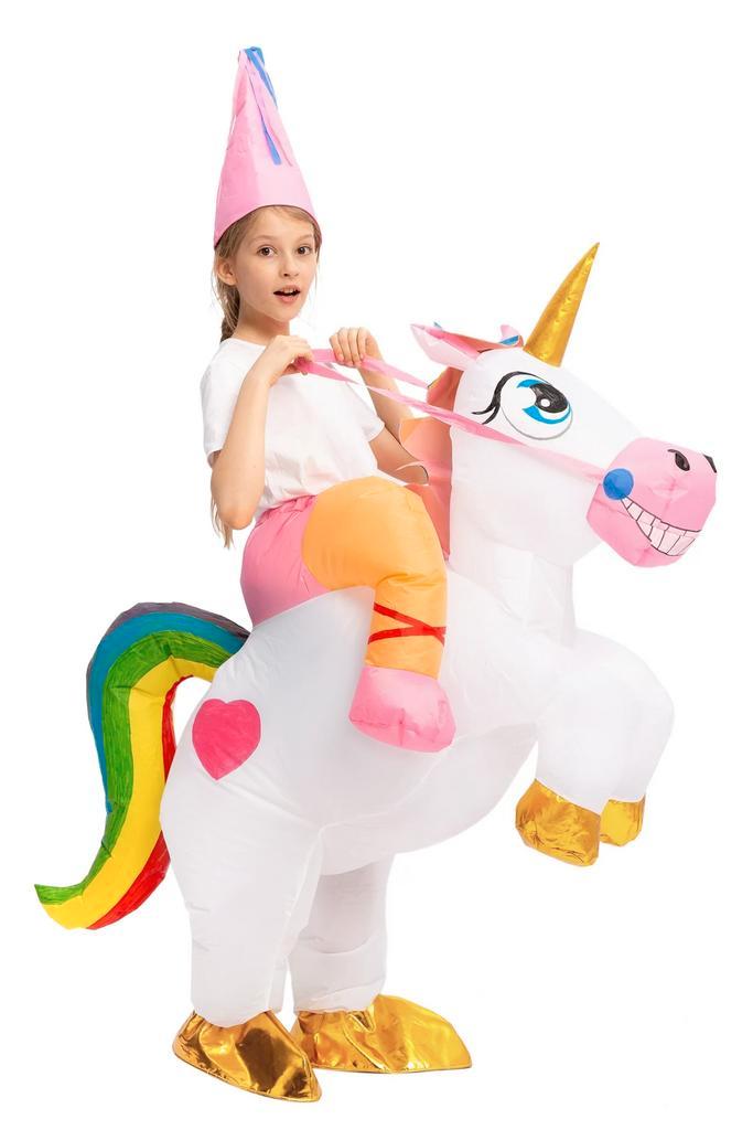 KIMU® Opblaas Kostuum Kinderen Zittend Op Eenhoorn 122 128 1, Kinderen en Baby's, Carnavalskleding en Verkleedspullen, Nieuw, Ophalen of Verzenden