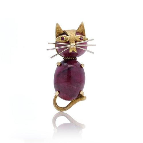 Broche Vintage 18kt gouden kat - in de vorm van een kat met, Sieraden, Tassen en Uiterlijk, Antieke sieraden